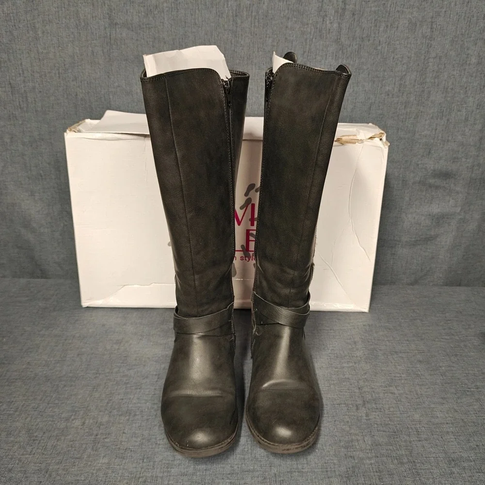 OLIVIA‎ MILLER Womens Black Knee High Boots Size 9 Side Buckle & Zipper